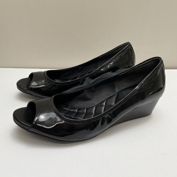 COLE HAAN Women’s black patent leather Open Toe wedge heel Shoes size 9B - Picture 3 of 6